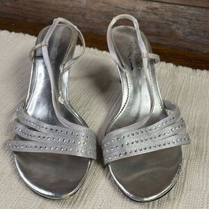 The Touch of Nina Strappy Heels, Size 7, Silver with Rhinestones